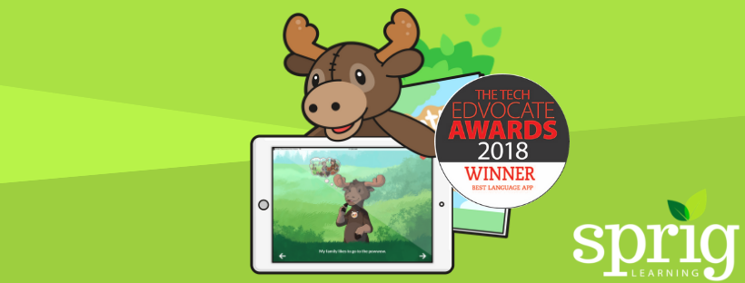 Illustration of ipad with moose on it and moose puppet behind.